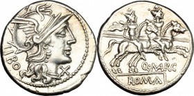 Q. Marcius Libo. . AR Denarius, 148 BC. Cr. 215/1. B. 8. 3.96 g.  19 mm.