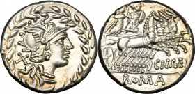 Cn. Gellius.. AR Denarius, 138 BC. Cr. 232/1. B.1. 3.87 g.  18 mm.