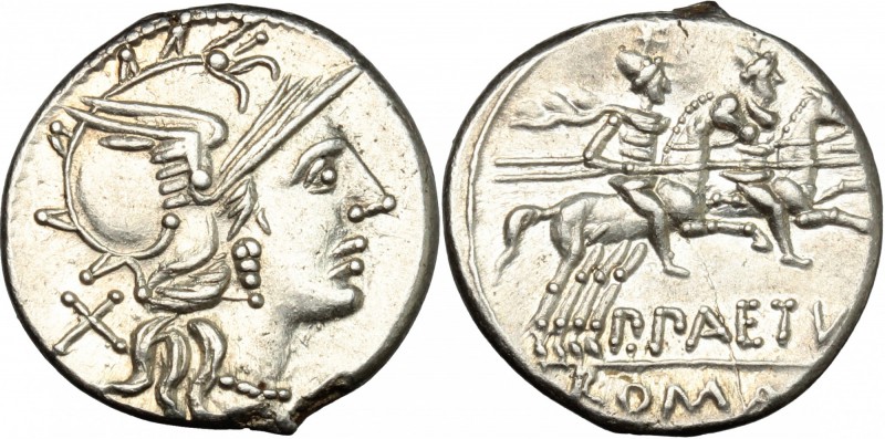 P. Aelius Paetus. AR Denarius, 138 BC. D/ Helmeted head of Roma right; behind, X...