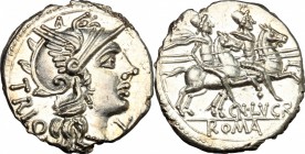Cn. Lucretius Trio.. AR Denarius, 136 BC. Cr. 237/1a. B. 1. 3.92 g.  18 mm.