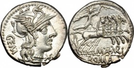 M. Aburius M.f. Geminus.. AR Denarius, 132 BC. Cr. 250/1. B. 6. 3.92 g.  19 mm.