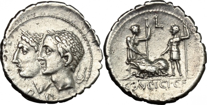 C. Sulpicius C.f. Galba. AR Denarius serratus, 106 BC. D/ Jugate, laureate heads...