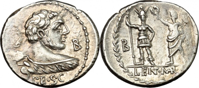 Pub. Lentulus Marceli f. AR Denarius, 100 BC. D/ Bust of Hercules right, seen fr...