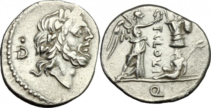 T. Cloelius. AR Quinarius, 98 BC. D/ Head of Jupiter right; behind, D and dot. R...