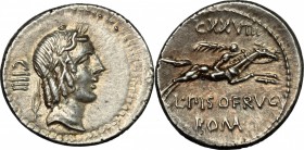 L. Calpurnius Piso Frugi.. AR Denarius, 90 BC. Cr. 340/1. B. 12 var. 3.78 g.  19 mm.
