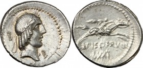 L. Calpurnius Piso Frugi.. AR Denarius, 90 BC. Cr. 340/1. B. 11. 3.88 g.  20 mm.