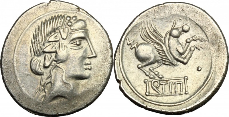 Q. Titius. AR Denarius, Celtic imitation, after 90 BC. D/ Head of young Bacchus ...