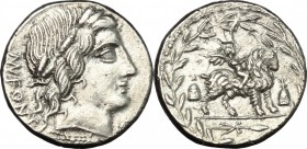 Mn. Fonteius C. f.. AR Denarius, 85 BC. Cr. 353/1d. B.11. 3.57 g.  17.5 mm.