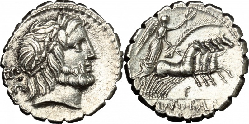 Q. Antonius Balbus. AR Denarius serratus, 83-82 BC. D/ Laureate head of Jupiter ...