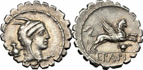 L. Papius.. AR Denarius serratus, 79 BC. Cr. 384/1 (control marks 109). Banti 1/65. 3.77 g.  19.5 mm.