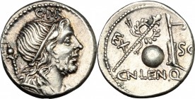 Cn. Lentulus.. AR Denarius, 76-75 BC. Cr. 393/1a. B. (Cornelia) 54. 3.93 g.  18 mm.