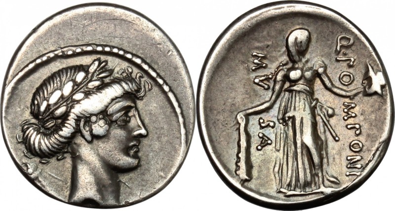 Q. Pomponius Musa. AR Denarius, 66 BC. D/ Laureate head of Apollo right; behind,...