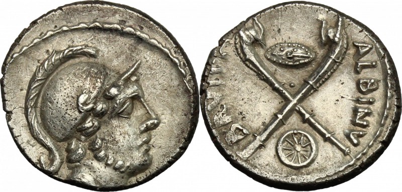 Albinus Bruti f. AR Denarius, 48 BC. D/ Head of young Mars right, with slight be...