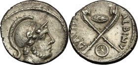 Albinus Bruti f.. AR Denarius, 48 BC. Cr. 450/1b. B. (Postumia) 11 var. (ALBINVS). Banti 15 (R6).  4 g.  18 mm.