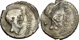 Mark Antony and Julius Caesar.. AR Denarius, 43 BC, Gallia Cisalpina. Cr. 488/1. B.(Julia) 54. 3.79 g.  18 mm.