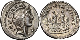 L. Mussidius Longus.. AR Denarius, 42 BC. Cr. 494/42b. B.6.  4.08 g.  18.5 mm.