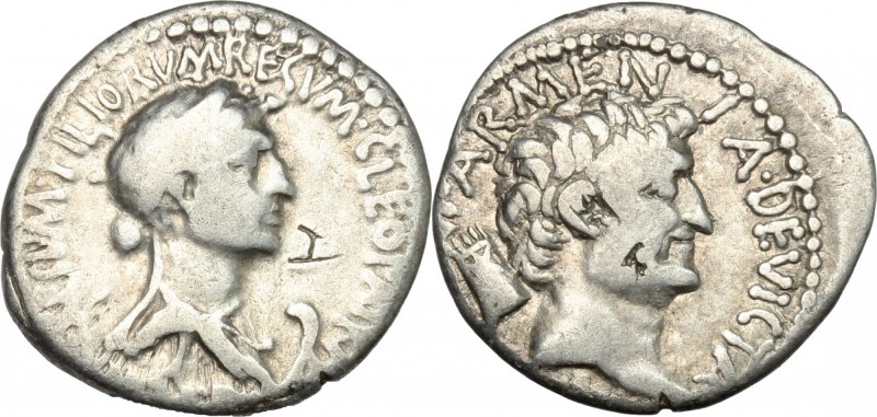 Cleopatra and Mark Antony. AR Denarius, 34 BC. Alexandria mint. D/ CLEOPATRAE RE...