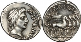 Augustus (27 BC - 14 AD).. AR Denarius, 18 BC, M. Durmius moneyer. RIC 313. C. 429. 4.08 g.