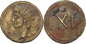 Augustus (27 BC-14 AD).. AE Tessera, time of Tiberius. Buttrey, NC 13, 1973 S. 61. Pl. B 9 XI. 4.05 g.  20 mm.