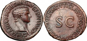 Germanicus, son of Nero Claudius Drusus and Antonia (died 19).. AE As, Rome mint, c. 42-43 AD. RIC (Claud.) 106. C. 9. 10.79 g.  30 mm.