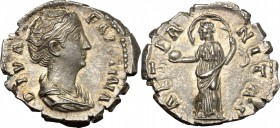 Faustina I, wife of Antoninus Pius (died 141 AD).. AR Denarius, after 141 AD. RIC (Ant. Pius) 351. 3.53 g.  18.5 mm.
