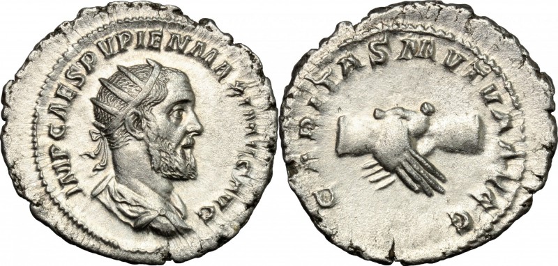 Pupienus (238 AD). AR Antoninianus, Rome mint. D/ IMP CAES PVPIEN MAXIMVS AVG. R...