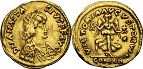 Ostrogothic Italy, Theoderic (493-526).. AV Tremissis in the name of Anastasius I, Rome mint, c. 493-518 AD. COI 13b. MIB 10. MEC 114-5 1.42 g.  14.5 ...