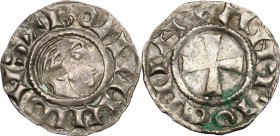 Antioch.  Bohemond III, Minority (1149-1163), regencies of Constance and Renaud de Chatillon. BI Denier. Schl. pl. II, 20. Malloy 22/43. 0.64 g.  16 m...
