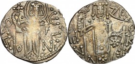 The Empire of Trebizond.  Manuel I Comnenus (1238-1263).. AR Asper with St. Eugenius and the Emperor. Retowsky 11. Bendall 20. 2.28 g.  21 mm.
