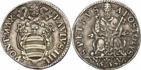 Ancona.  Paolo IV (1555-1559).. Testone 1557, Mazzeo Mazzei zecchiere. CNI 6. M. 27. Dubbini-Mancinelli pag. 139. Berm. 1045. 8.42 g.  30 mm.