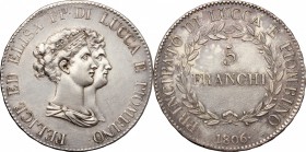 Lucca e Piombino.  Elisa Bonaparte e Felice Baciocchi (1805-1814).. 5 franchi 1806. CNI 6. Mont. 436. MIR. 244/2.  38 mm.