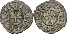 Messina.  Enrico VI (1191-1197), con la moglie Costanza d'Altavilla. Mezzo denaro. Sp. -. D'Andrea 42. MIR 56. 0.37 g.  13 mm.