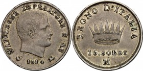 Milano.  Napoleone (1805-1814). 15 soldi 1814 M. Pag. 51. Mont. 268. 21 mm.