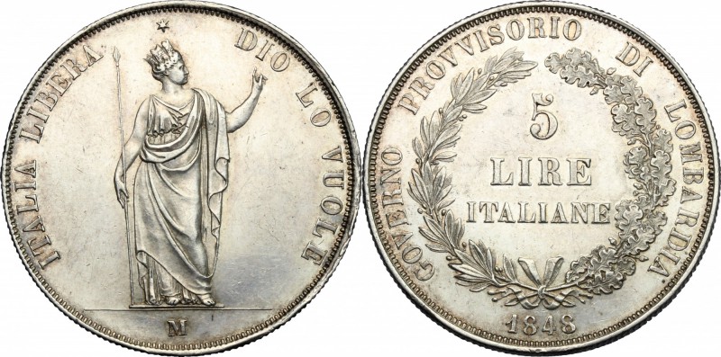 Milano. Governo Provvisorio (1848). 5 lire 1848. Pag. 213. Mont. 425. AG. mm. 37...