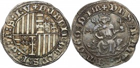 Napoli.  Ferdinando I d'Aragona (1458-1494). Carlino con sigla M (Antonio Miroballo Maestro di Zecca 1458-1460). P/R 21d. MIR 72/4.  3.53 g.  26 mm.