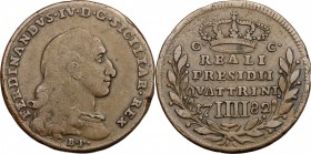 Napoli.  Monetazione per i Reali Presidi della Toscana. 4 quattrini 1782, Orbetello. P/R 1. MIR 410. 5.88 g.  26 mm.