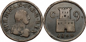 Napoli.  Ferdinando IV di Borbone (1759-1816). 9 cavalli 1804. P/R 21. MIR 429. 4.9 g.  24 mm.