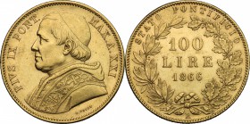 Roma.  Pio IX  (1846-1878).. 100 lire 1866. Pag. 519. Mont. 336.  32.26 g.  35.3 mm.