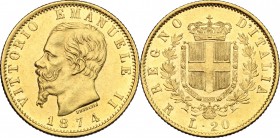 Vittorio Emanuele II  (1861-1878).. 20 lire 1874 Roma. Pag. 471. Mont. 147.  21 mm.