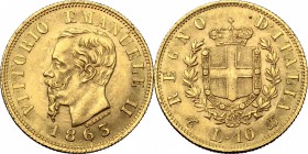 Vittorio Emanuele II  (1861-1878). 10 lire 1863 Torino. Pag. 477. Mont. 155. 18.5 mm.