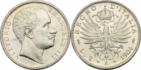 Vittorio Emanuele III (1900-1943). 2 lire 1904. Pag. 728. Mont. 143.