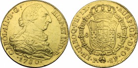 Colombia.  Charles III (1759-1788). 8 escudos 1780, P SF, Popayan mint. Cal. 133. Fried. 36.  26.96 g.  36 mm.