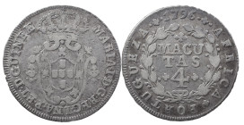 Angola
D. Maria I (1786-1799)
4 Macutas 1796
AG: 05.02 6.01 g
Very Fine