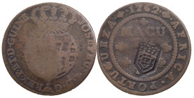 Angola
D. Maria II (1834-1853)
Countermark of crowned shield from 1837
above Quarter of macuta 1762
AG: 03.01 9.17 g
Fine