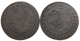 Angola
D. Maria II (1834-1853)
Countermark of crowned shield from 1837
above Quarter of macuta 1785
AG: 03.05 8.09 g
Good Fine