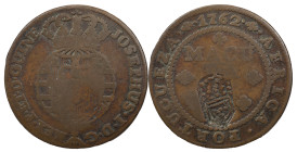 Angola
D. Maria II (1834-1853)
Countermark of crowned shield from 1837
above Half macuta 1762
AG: 04.01 19.21 g
Fine