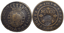 Angola
D. Maria II (1834-1853)
Countermark of crowned shield from 1837
above Macuta 1763
AG: 05.02 33.19 g
Fine