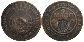 Angola
D. Maria II (1834-1853)
Countermark of crowned shield from 1837
above Macuta 1770
AG: 05.03 35.79 g
Fine