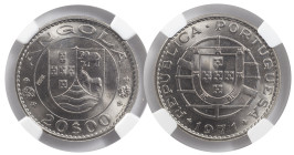 Angola
Portuguese Republic (1910-Present)
Incuse trial of 20 escudos of 1971.
NGC MS 65
AG: E8.06