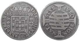 Brazil
D. Pedro II (1683-1706)
640 Réis 1699 Rio of Janeiro
Date amended 9/8
AG: 24.02 19.31 g
Very Fine